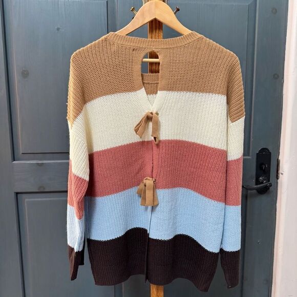NWT Full Circle Trends (L) striped knit sweater with open back bow ties multi - Picture 2 of 4